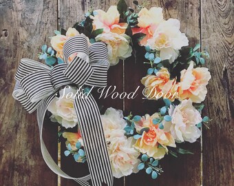 Spring Summer Peony Wreath, Floral Wreath 22"+, Bird Wreath, Peonies, Peach Pink Peony Wreath