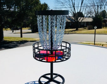 Miniature (Mini) Disc Golf Basket with 6 Discs, Table Top Game, Makes a Great Trophy