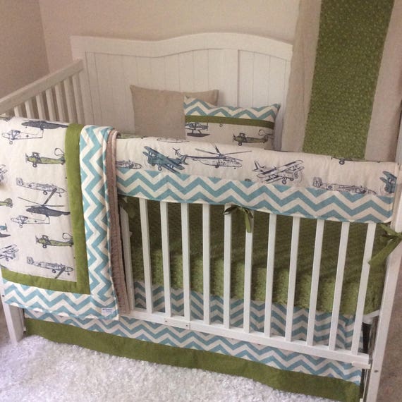 Baby Boy Crib Bedding Set Tan Olive Green Airplanes Bumperless