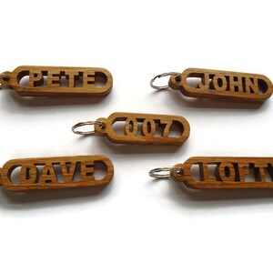 Personalized Name Keyrings, Wooden Keyrings, made from Oak finished in linseed oil coated with a protective coat of lacquer