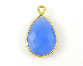 Blue Chalcedony Teardrop Pendant, Gold Frame Blue Chalcedony Faceted Pear Stone Pendant, Blue Chalcedony Pendant Drop |B6-9|1