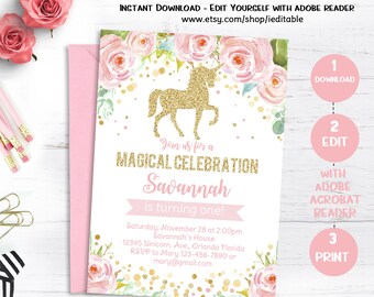 Unicorn Invitation Magical Unicorn 1st Birthday First