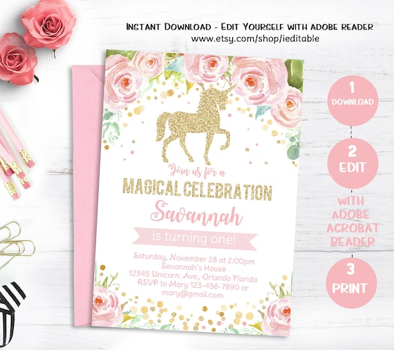 unicorn birthday invitation magical unicorn invite floral