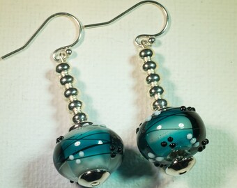 Teal blue lampwork earrings-A191