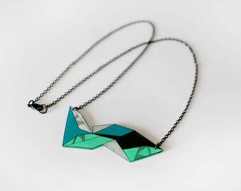 Geometric Necklace, unique shrink plastic necklace, metal chain jewelry, nickel free, green and blue jewellery