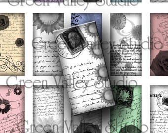 INSTANT DOWNLOAD Digital Art Images Sheet - Flowers - Handwriting - Postcards - 1 x 2 Inch for Tile Pendants - Bamboo - Domino (T16)