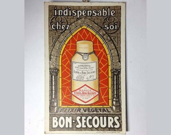 French Vintage Cardboard Elixir Végétal BON SECOURS - Notre-Dame de Bon Secours Advertising - Paper Ephemera