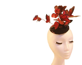 Red Black Butterflies Hat; Red Butterfly Fascinator; Ascot Hat; Wedding Hat; Teardrop Fascinator; Luxury Millinery; Butterfly Hat