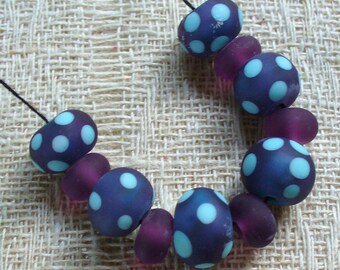 lampwork beads/glass beads/sra lampwork/retro/denim blue/ dots/etched/turquoise/
