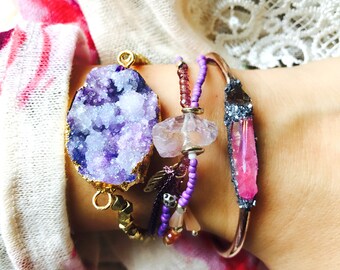 Gold Druzy Gift, Boho Gold Druzy Gift, Druzy Jewelry, Druzy Gold Bracelet, Boho Crystal Gift, Druzy Bracelet, Beaded Bracelet