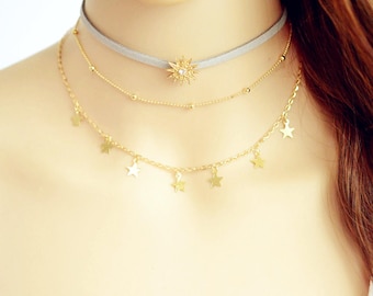 grey gold sun crystal rhinestone choker layered necklace 3 pieces adjustable star necklace latest trend necklace choker