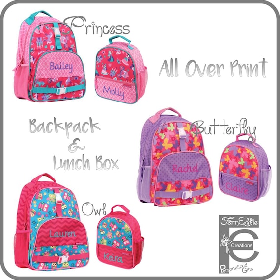 Stephen Joseph All Over Print Backpack and Lunch Box, Personalized Kids Backpack Lunch Box, Princess, Owl, Butterfly.