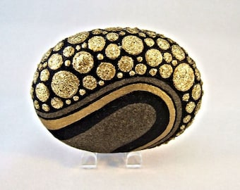 Unique 3D Art Object, OOAK, Painted Rock, Black Gold Glitter Pebbles Design, Home Decor, Office Decor, Gift for Her or Him, Collectibles