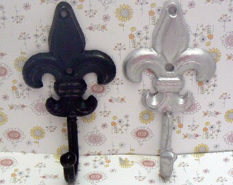 Fleur de lis A Pair Set of Hooks Black and Silver FDL French Decor Paris Shabby Elegance Leash Jewelry Key Bathroom Towel Hook