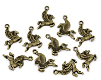10 charms winged horse Pegasus, bronze, 24mm