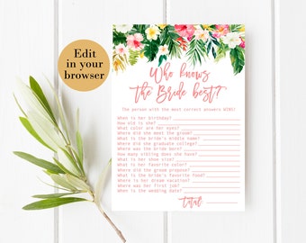 Who Knows the Bride Best Editable Tropical Bridal Shower Game Bridal Shower Printables Bridal Shower Know The Bride Quiz Know the bride game