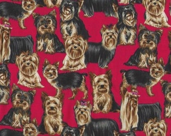 Yorkshire Terrier Dog Dogs on Red Cotton Quilt Fabric Timeless Treasures 3574.