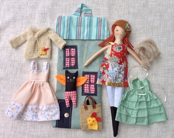 Doll in house bag, Handmade cloth doll , doll with toy cat, doll with clothes , dress up doll, rag doll, travel toy, doll in bag