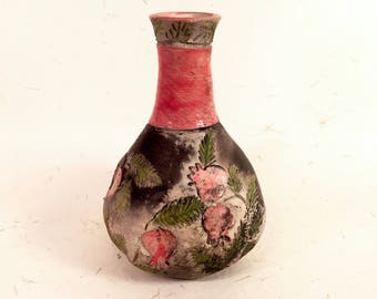 Smoke-fired Vase with Vines of Rosehips