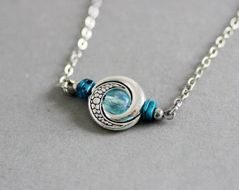 Eye Necklace Silver Blue Necklace Short Necklace Minimalistic Necklace Round Pendant Necklace Silver Charm Necklace Beaded Silver Necklace