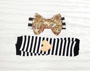 Black and White Stripe Leg Warmers with Gold Glitter Heart Vinyl Knee Patches and Matching Gold Micro Sequin Bow Headband