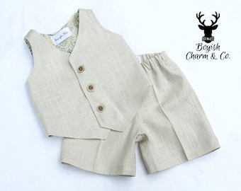The Avery Boys Linen Suit, Ring Bearer Outfit, Formal Wear, Boys Natural Linen Suit, Vest and Shorts, Baptism Outfit, Waist Coat. Short