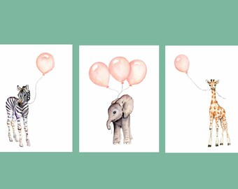 Peach nursery decor, baby animal prints, peach baby wall art, set of 3 prints, kids illustration, soft colors, peach watercolor nursery