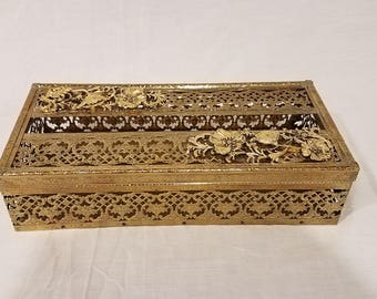 Mid Century Ornate Gold Filigree Floral Tissue Box Holder Kleenex Box Roses Hollywood Regency Shabby Chic (B3)