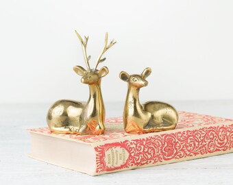 2 Vintage Brass Deer - Deer Figurines - Brass Animal Statues - Mid Century Deer - Gold Animals - Deer Pair