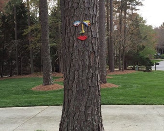 Tree Face Picasso Inspired Original Unique Garden Yard Art - Handmade Pottery