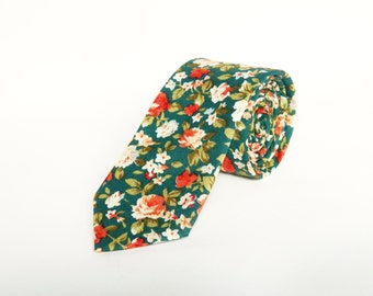 Floral green skinny tie wedding tie gift for Men skinny floral green tie Grooms tie