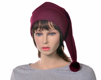 Burgundy Pointed Hat Pompom Stocking Cap Long Beanie Maroon Adult Mens Womens Hat
