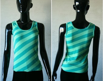 Vintage green stripes print tank cut top Vintage green 90's summer tee Sleeveless small size women's gypsy Boho festival Hippie tank top