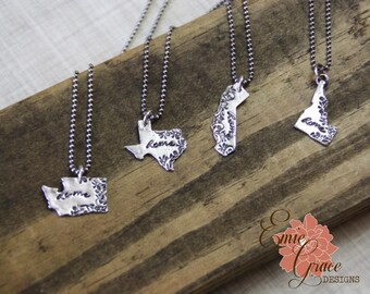 Silver State Necklace, Fine Silver and Sterling Silver, Precious Metal Clay, Home Necklace, Pick Your State