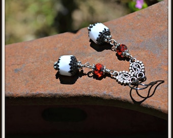 Black White and Red Earrings with Silver accents handmade jewelry gift