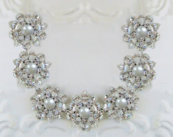 silver Wedding Necklace Bridal jewelry pearl statement necklace crystal bridal necklace