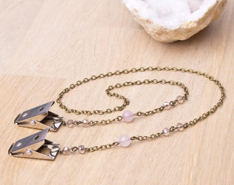 Bronze Napkin chain clips - Rose Quartz and gold bead serviette clip napkin holder | Foodie gift | Gemstone napkin cord | Napkin neck chain