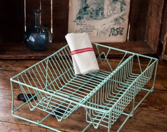 Vintage French Drying Rack - Pastel Light Green Color - With Vintage Tea Towel