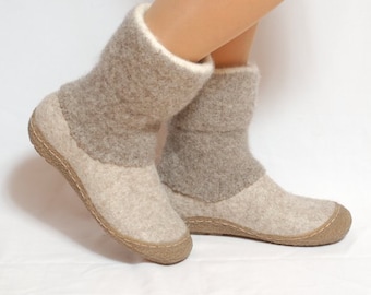 Felted boots natural beige brown - felted wool boot valenki - wool boots - felt boot