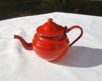French vintage red enamel kettle, antique enamel teapot. enameled pot, kitchen decor