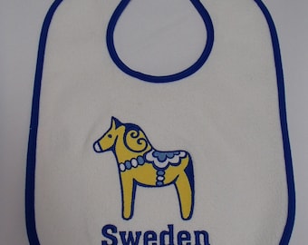 Scandinavian Embroidered Baby Bib - Sweden with Dala Horse