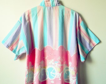 Pastel Kawaii Vintage Bicycle Blouse / 80s Oversized Pastel Button Down / Rad Pastel Striped Shirt