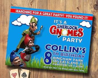 Sherlock Gnomes, Shelock Gnomes Party, Gnomeo and Juliet, Birthday Party Invitations, Printable Gnomes Invitations, Digital, Download