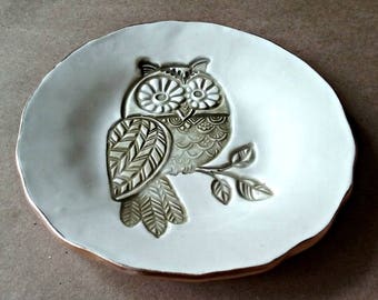 Ceramic Trinket Dish Owl edged in gold