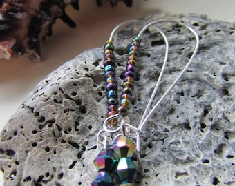 Purple petrol earrings , Iridescent beaded kidney wire earrings , Silver plated kidney wire earrings , Kidney wire earrings , Gifts for her