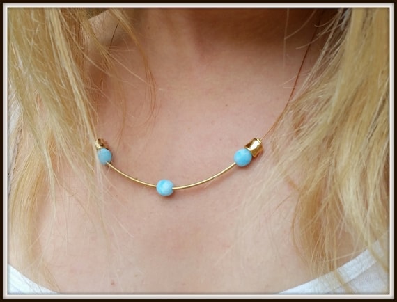 Delicate Turquoise Necklace, Golden Funky Necklace, Dainty Blue Necklace, Chunky Womens Necklace, Blue Bar Necklace, Teenage Girl Necklace