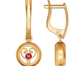 14K Rose Red Gold earrings with Red CZ - 585 Rose/Red gold - Heart Circle