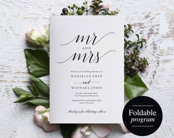 Folded Wedding Program Template, Folded Wedding Program Printable, Bliss Paper Boutique, Program Template, PDF Instant Download #BPB310_3_2