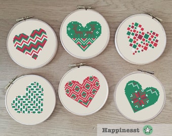 set of 6! modern christmas cross stitch pattern, christmas hearts, christmas decoration, geometric hearts, PDF pattern ** instant download**