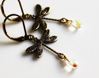 Oxidized Brass Dragonfly Earrings